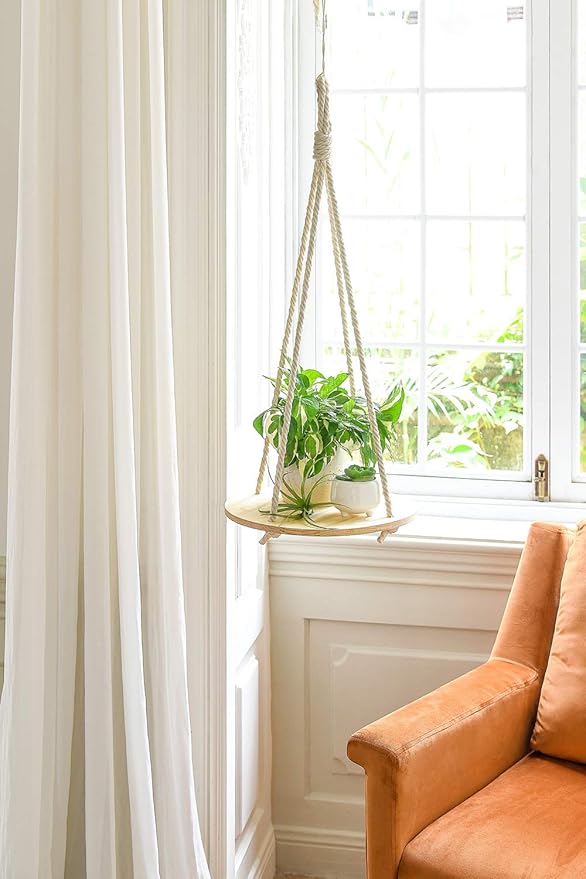 Dahey Hanging Plant Shelf Round Wood Rope Hanging Floating Shelf Vintage Home Decor Display Planter Rack for Living Room Bedroom Kitchen Room,Nature-VerdiqueGarden