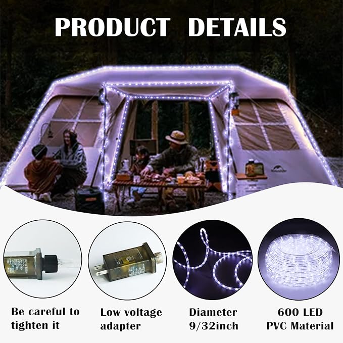 50Ft 600 LED Rope Lights Outdoor, White Flexible Tube Light Waterproof Plug in 8 Modes Timer Memory, Permanent String Lights for Tree,Pool, Bedroom, Fence, Garden, Indoor, Outside Decorations-VerdiqueGarden