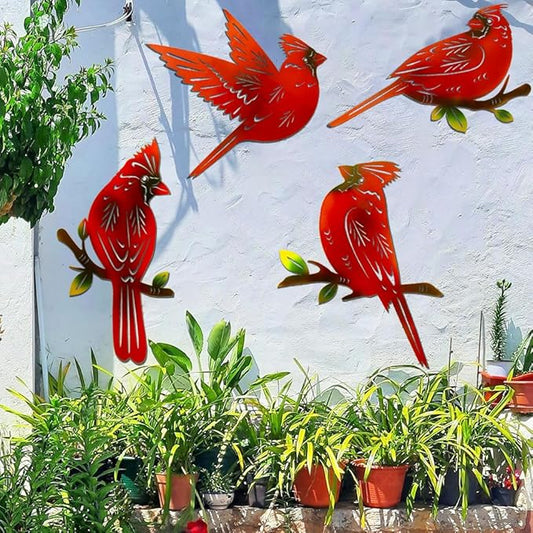4 Pack Metal Cardinal Wall Art Decor Metal Birds 3D Outdoor Sculpture, Ornaments Hand-Made Nimble red Bird, Gifts for Mom,Birthday Gifts for Grandma Wife-VerdiqueGarden