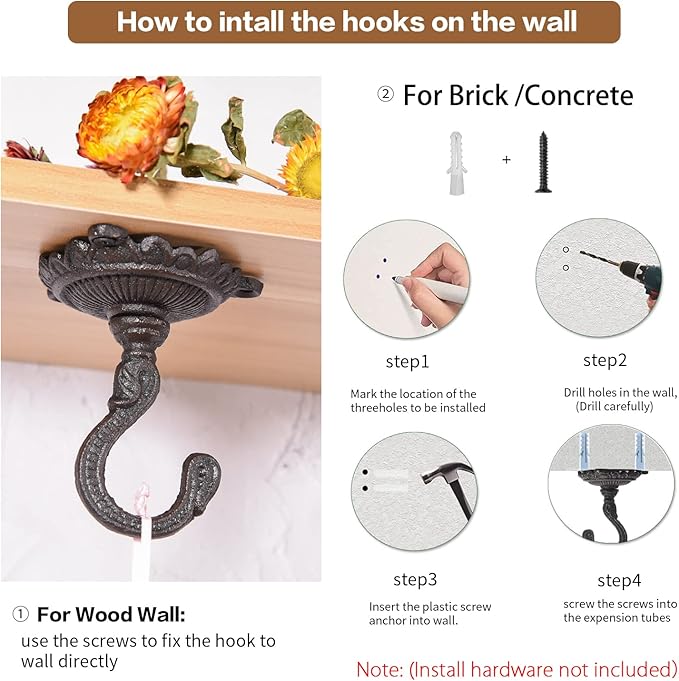 Sungmor Heavy Duty Ceiling Hooks for Hanging Plants, 2PC Black 3.5x3.9Inch Large Cast Iron Ceiling Hooks, Antique Decorative Ceiling Swag Hooks for Hanging Planter Chandelier Wind Chime Lantern Hanger-VerdiqueGarden