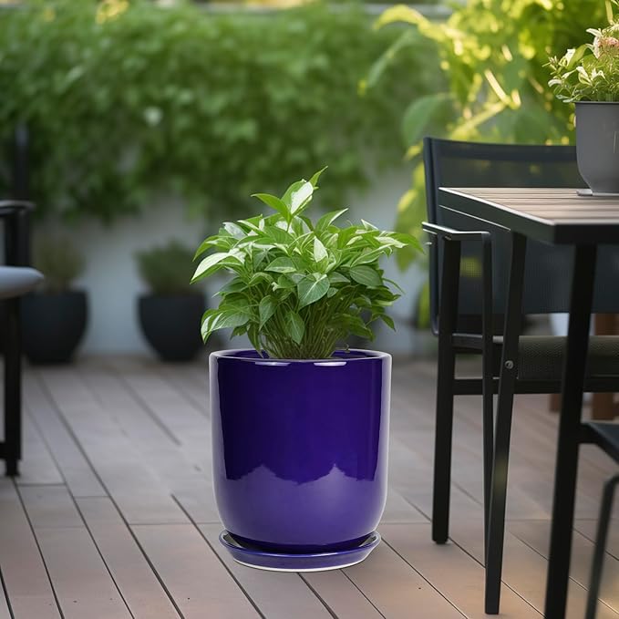 10 Inch Plant Pot - Ceramic Pot for Indoor Plants Large Planter Modern Outdoor Flower Pot with Drainage Hole and Saucer for Home Patio Decor Blue-VerdiqueGarden