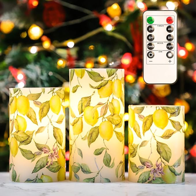 Flameless Candles Lemon Decor Battery Operated Lights with Remote Real Wax Flicker Electric Pillar Fake Candle for Home Bridal Shower Coffee Table Party Decorations Birthday Gifts for Women-VerdiqueGarden