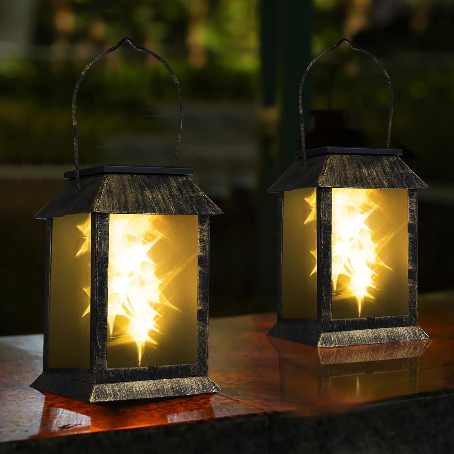 2 Packs Solar-Powered Outdoor Lanterns Vintage Garden Decorative Light Auto Dusk to Dawn Hanging Lantern Warm Glow Courtyard Landscape Lights IP54 Waterproof-VerdiqueGarden