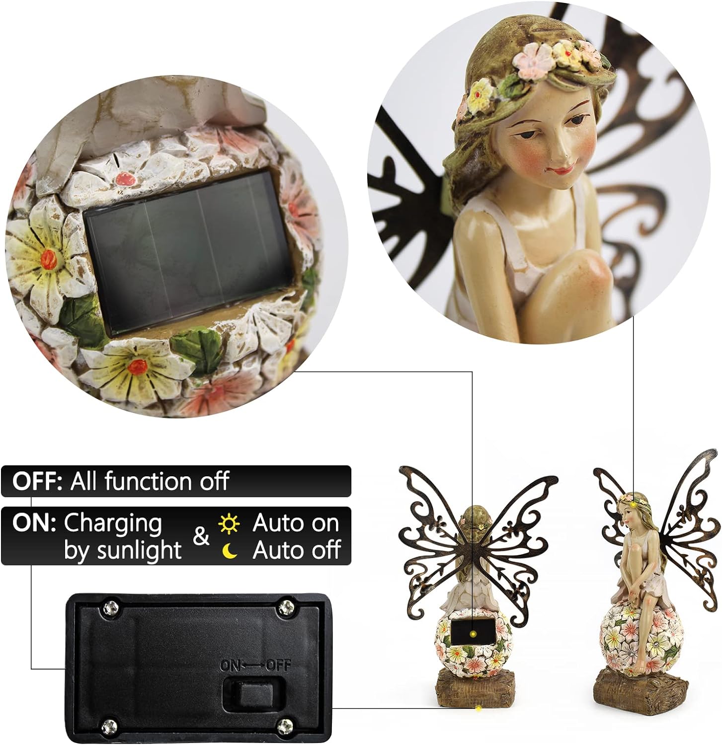 Flower Fairy Garden Decor,Garden Fairy Statues Outdoor,Solar Powered Outdoor Fairy Figurine Accessories,Patio Lawn Yard Porch, Resin Ornaments for Outside Gifts,9.45 Inches Tall-VerdiqueGarden