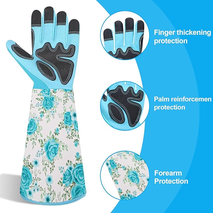 DLY Gardening Gloves for Women, Rose Gloves Gardening Thorn Proof, Long Garden Gloves for Women, Breathable & Durable Leather Gauntlet(Medium, Light Blue)-VerdiqueGarden