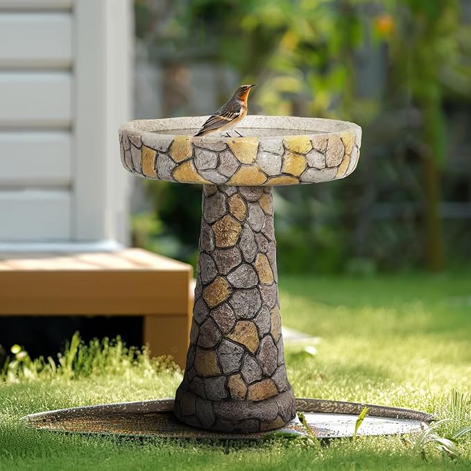 SKYFIRE Stone Like Outdoor Bird Bath - Concrete Freestanding Patio Birdbath with Pedestal for Garden, Patio, Yard, Lawn - 18.8”L X 18.8”W X 24”H Rustic Faux Stone Pedestal Outdoor Garden Birdbaths-VerdiqueGarden