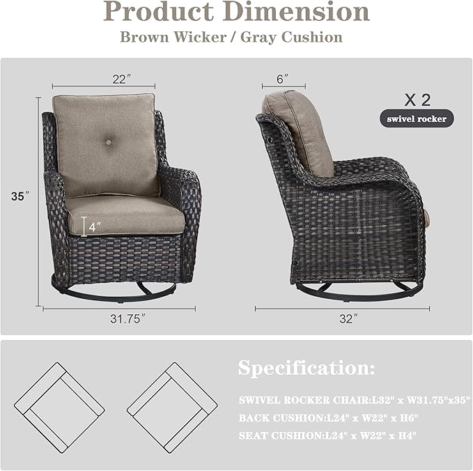 Outdoor Swivel Rcoker Patio Chairs - Outdoor Swivel Patio Chairs Set of 2 Wicker Chair Patio Furniture Sets with Covered Cushion for Porch Deck Balcony Garden, Gray-VerdiqueGarden