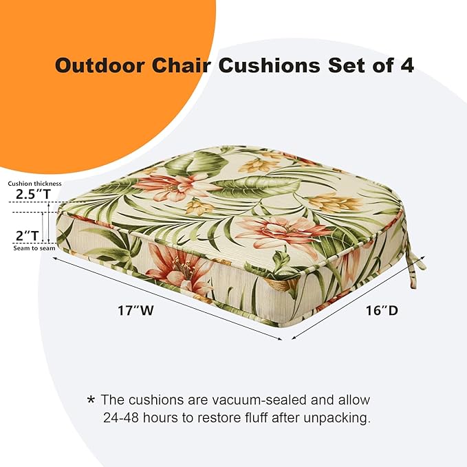 Round Corner Seat Cushions, 17" x 16" x 2", Set of 4, Indoor Outdoor Water Repellent Universal Chair Pads with Ties for Patio Furniture, Garden Deck Dining Chairs, Leaf and Flower-VerdiqueGarden