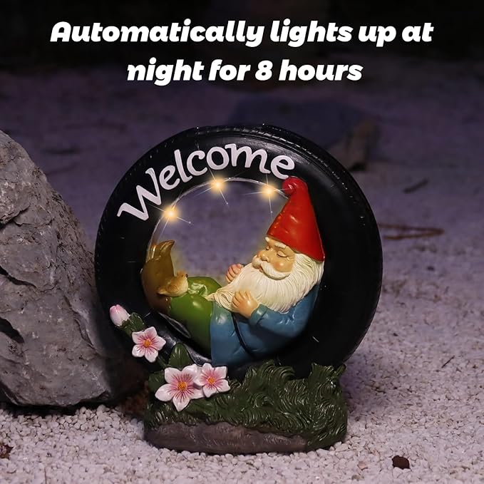 WONDER GARDEN Gnome Garden Decor for Outside - Welcome Gnome Solar Powered LED Light Outdoor Decor, Gnomes Statues Outdoor Funny Resin Garden Sculpture Decorations for Patio, Lawn-VerdiqueGarden