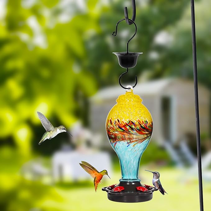 LUJII Hand Blown Glass Hummingbird Feeder for Outdoors with Ant Moat, Leak Proof & Rustproof, 25 fl.oz, Metal Base Cover with 5 Feeding Ports & Perches, Glass Art for Garden Decor (Blue Mixed Yellow)-VerdiqueGarden