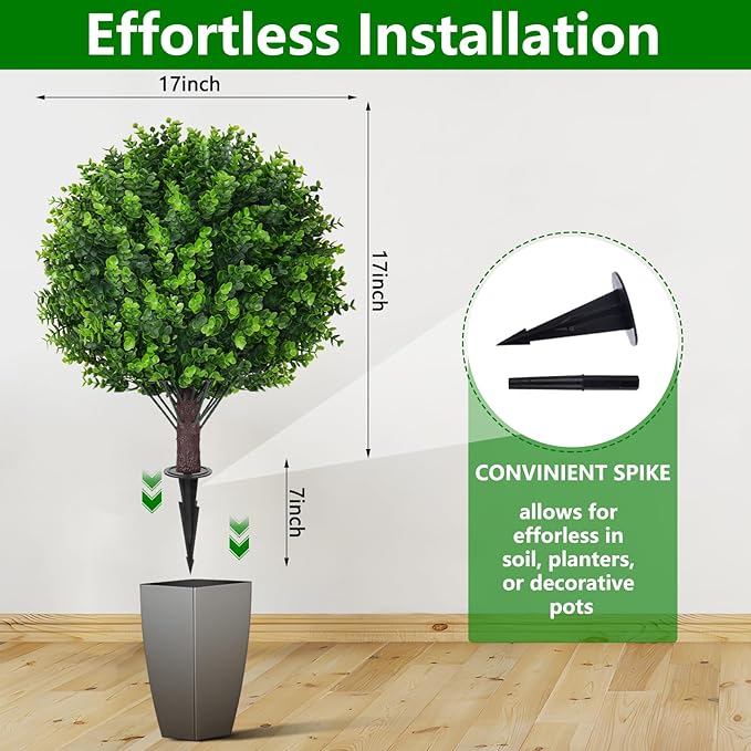 Artificial Eucalyptus Topiary Ball Trees with Ground Spike, Set of 2 UV Resistant Artificial Shrubs, Fake Evergreen Artificial Plant Bushes for Indoor Outdoor Front Porch Garden-VerdiqueGarden
