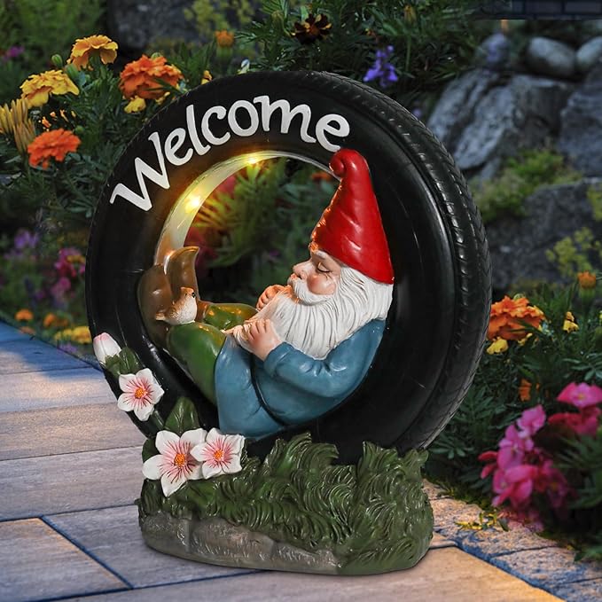 WONDER GARDEN Gnome Garden Decor for Outside - Welcome Gnome Solar Powered LED Light Outdoor Decor, Gnomes Statues Outdoor Funny Resin Garden Sculpture Decorations for Patio, Lawn-VerdiqueGarden