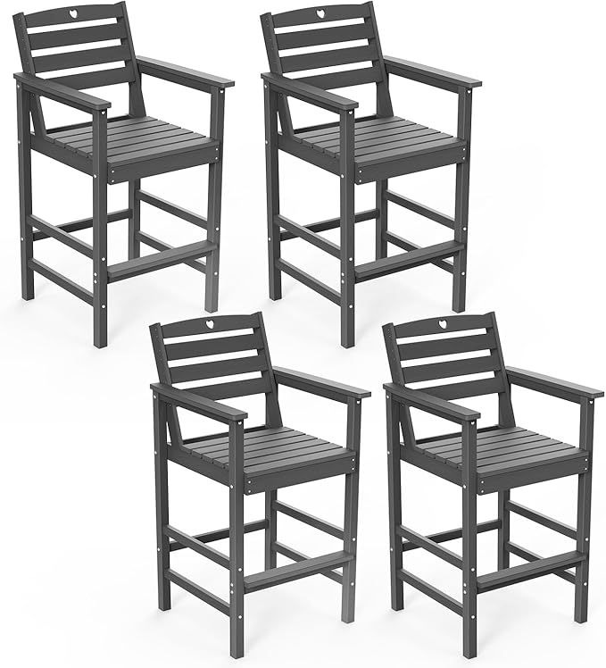 Tall Adirondack Chairs Set of 4, HDPE Wood Balcony Adirondack Chairs Set with Heart Cutout Design, Weather-Resistant Bar Height Furniture for Deck, Porch, Pool (Grey)-VerdiqueGarden