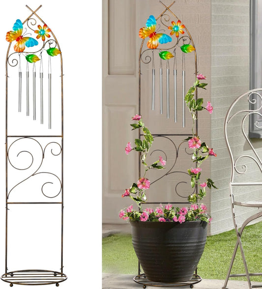 Garden Trellis with Plant Stands, 48” Metal Detachable Butterfly Plant Pot Trellis with Wind Chimes for Climbing Plants Outdoor Lawn Patio Porches Decor-VerdiqueGarden