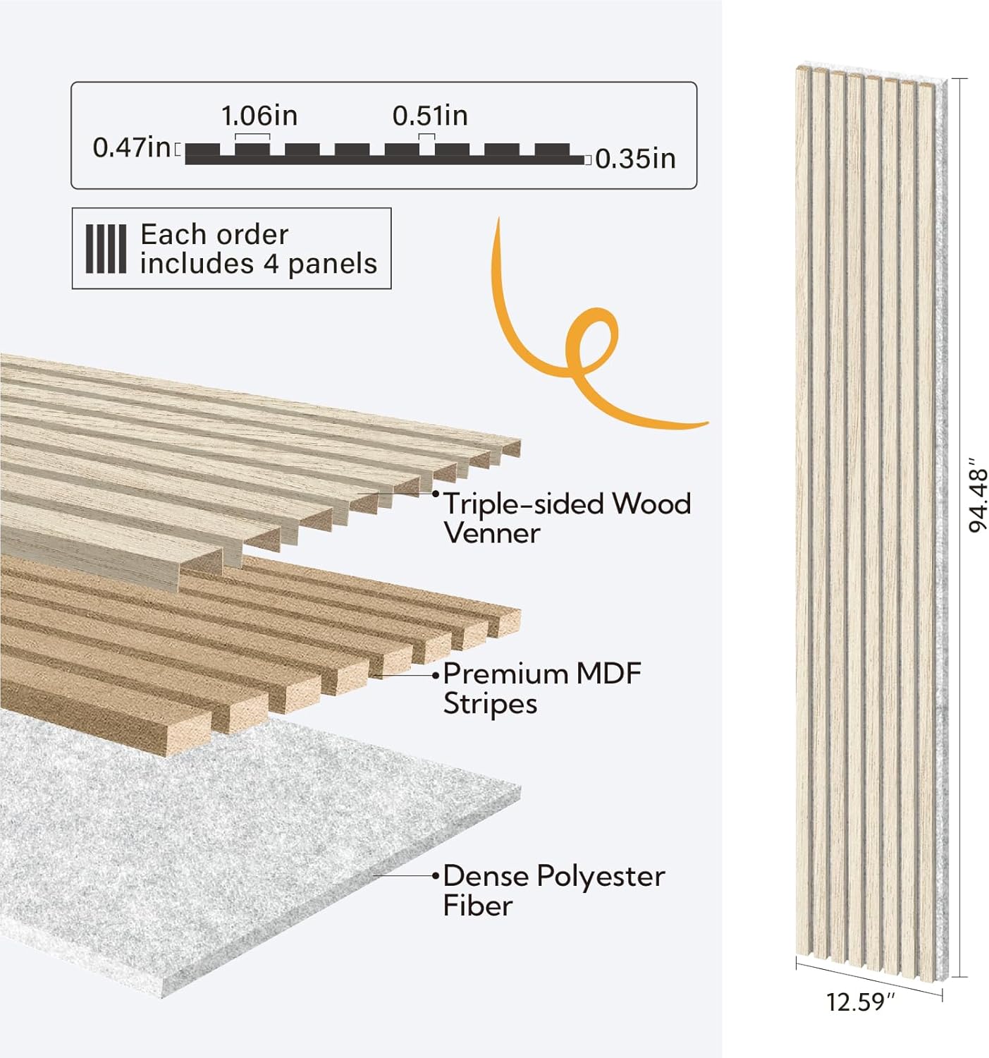 Olanglab Wood Slat Wall Panels 4 Pack, Wooden Acoustic Wall Panels, 94.5"x12.6" Each 3D Wall Panels for Interior Wall Decor (Light Oak-Grey Felt-Extendo Trio)-VerdiqueGarden