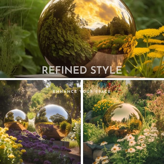 12 Inch Stainless Steel Gazing Globe,v2croft Hollow Ball Mirrored Surface Polished Shiny Sphere,Garden Stainless Steel Gazing Ball for Outdoor Lawn Pond Yard Ornament(Gold)-VerdiqueGarden