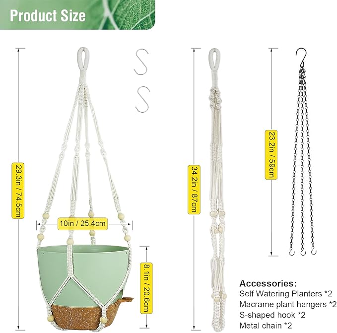 10 inch Self Watering Hanging Planters for Indoor Plants, 2 Pack Hanging Baskets for Outdoor Plants, Hanging Flower Pots with Drainage Holes & 2 Kinds of Plant Hangers for Home Decor, Green-VerdiqueGarden
