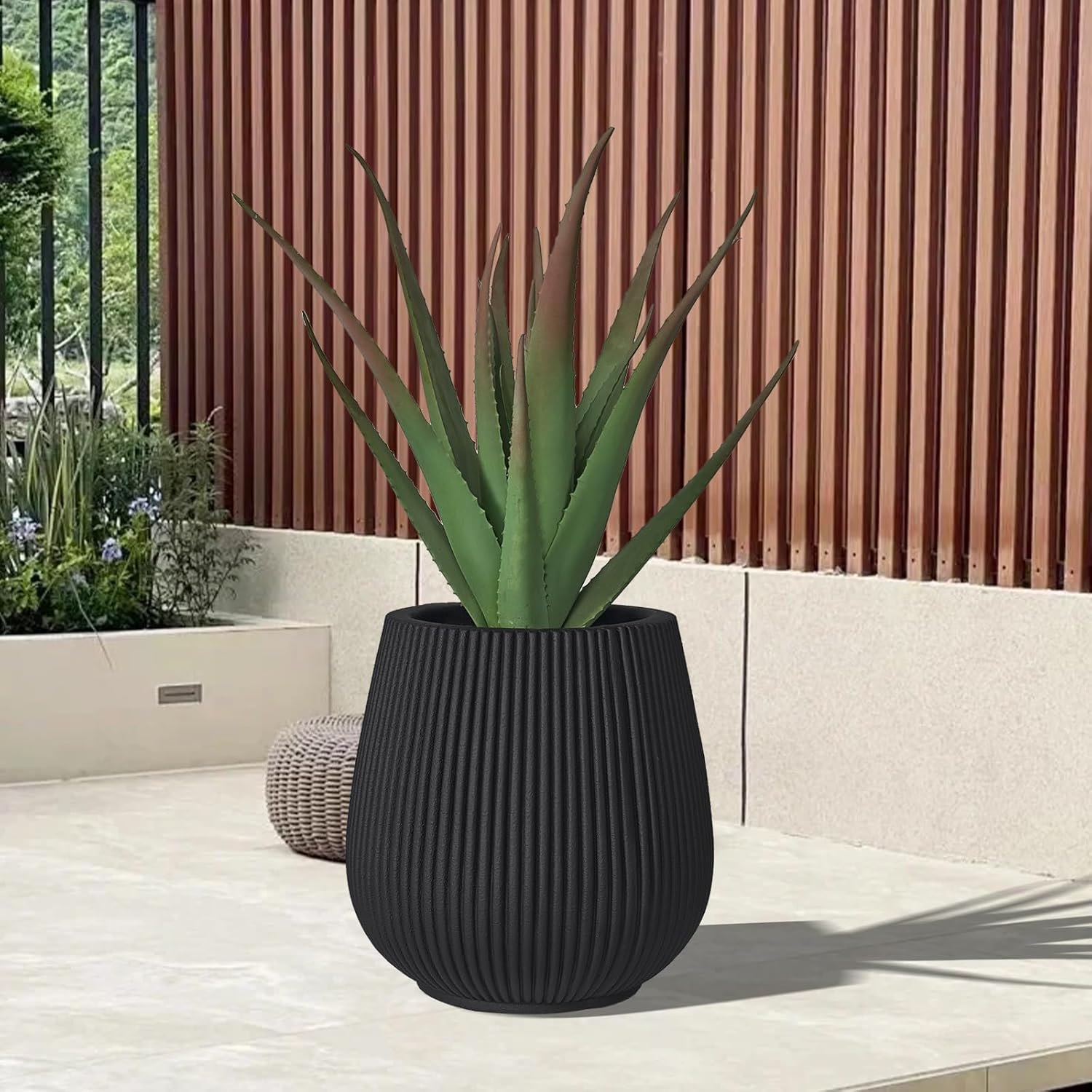 16 Inch Handmade Concrete Outdoor Planter - Classic Striped Design | Fiberglass & Composite Material | Durable for Commercial & Home Decor-VerdiqueGarden