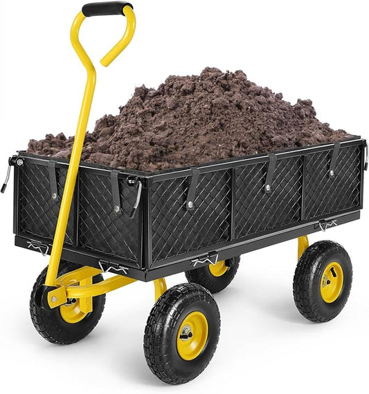 Homdox MAX 880 Lbs Garden Cart, Heavy Duty Foldable Mesh Steel Garden Wagon with 180° Rotating Handle and 10 Inch Tires, Pullable Yard Cart for Yard Garden Beach Farm, Yellow with Bag-VerdiqueGarden