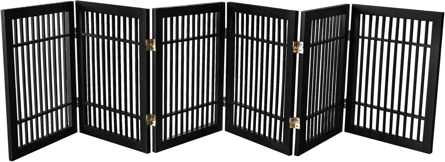 Pet Dog Gate Strong and Durable Freestanding Folding Acacia Hardwood Portable Wooden Fence Indoors or Outdoors by Urnporium (Black Pet Gate, 6 Panel 24" Tall)-VerdiqueGarden