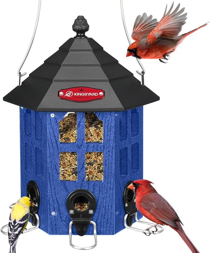 Kingsyard Wild Bird Feeder for Outdoor Hanging, Recycled Plastic Bird Feeders with 6 Ports & U-Shape Perch, Garden Yard Outside Decoration, 3.5 lbs Seed Capacity, Blue-VerdiqueGarden