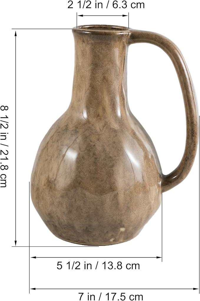 Brown Ceramic Vase with Big Handles, Modern Farmhouse Decor, Rustic Pottery for Flowers, Decorative Terracotta Centerpiece for Dining Table-VerdiqueGarden