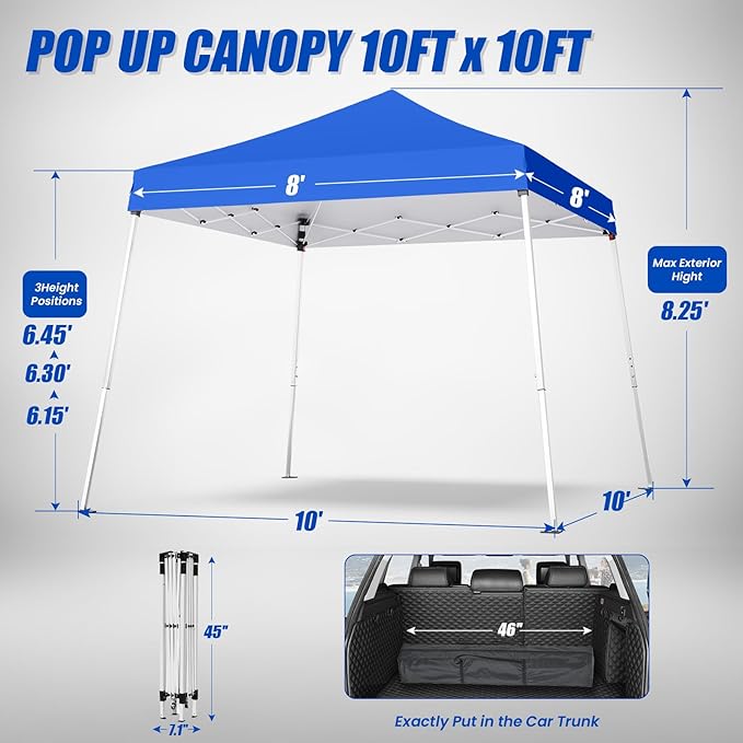 10x10 Pop Up Canopy, 300D Silver Coated Blue Fabric Outdoor Gazebo, Beach Tent Slant Legs with Storage Bag,Easy Up Sun Shade Shelter Tents with 8x8 Top Cover for Patio,Party-VerdiqueGarden