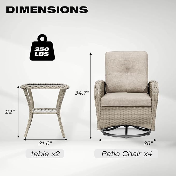 Joyside Outdoor Swivel Rocker Chairs, 6 Piece Wicker Patio Set with Thick Cushion and Side Table, Rattan Patio Swivel Rocking Chairs for Porch, Deck Use (Natural/Beige, 6 PCS)-VerdiqueGarden