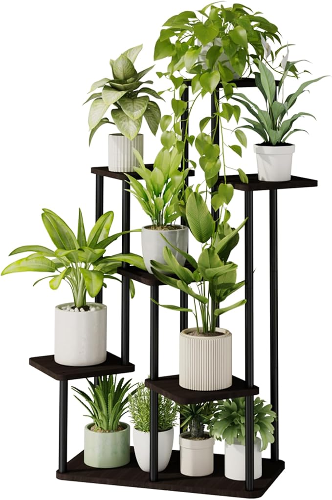 Bamworld 7 Tier Plant Stand Indoor, Large Metal Plant Shelf for Multiple Plants, Tall Tiered Flower Stand for Patio Garden Balcony Living Room Bedroom(Black)-VerdiqueGarden