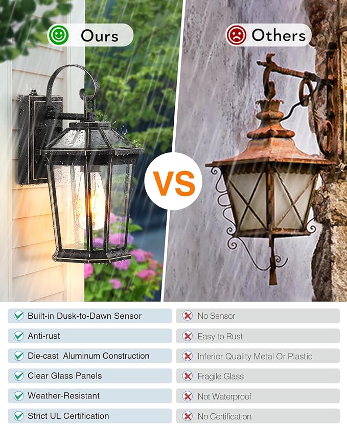 VIANIS Dusk to Dawn Exterior Light Fixture, Waterproof Outdoor Wall Sconce Porch Light for House, 100% Anti-Rust Aluminum Outside House Lights, Farmhouse Coach Lantern for Garage, Front Door 2Pcs-VerdiqueGarden