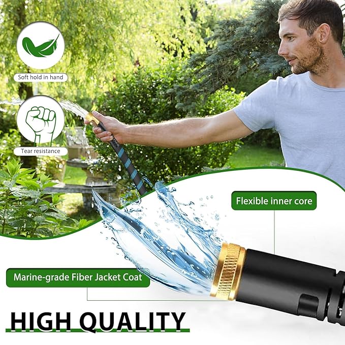 100Ft Non-Expandable Garden Hose, Flexible Water Hose with 10-Pattern Spray Nozzle, Lightweight Hose Pipe, Kink-Free, Leak-Proof, 3/4" Solid Metal Fittings-VerdiqueGarden