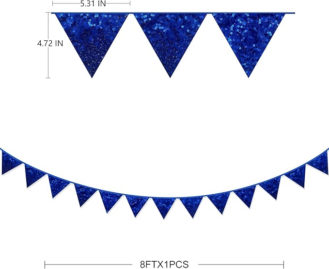 pinkblume Royal Blue Decorations Double Sided Sequin Navy Blue Fabric Triangle Pennant Banner Flag Bunting Garland for Blue Nautical Ahoy Achor Theme Nursery Classroom Home Bedroom Wall Decor-VerdiqueGarden