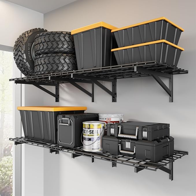 4 Pack Heavy Duty Garage Wall Shelving Set (2x3ft), Wall Mounted Garage Shelves 1000lbs Capacity, 24"x72" Shelf Storage Rack Floating Shelves, Black-VerdiqueGarden