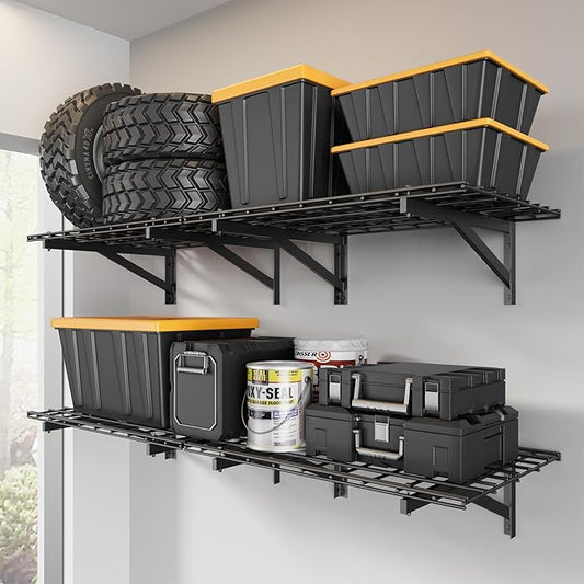 4 Pack Heavy Duty Garage Wall Shelving Set (2x3ft), Wall Mounted Garage Shelves 1000lbs Capacity, 24"x72" Shelf Storage Rack Floating Shelves, Black-VerdiqueGarden