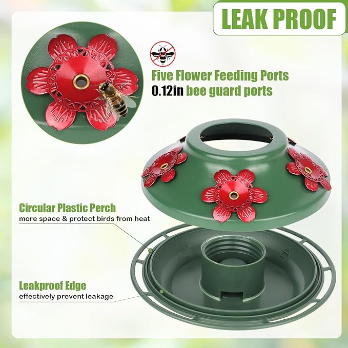 BOLITE Hummingbird Feeder, Glass Hummingbird Feeders for Outdoors Hanging, 22 Ounce, Five Feeding Ports with Perch, Peony Flower Shape, Red and Green, Gifts for Women Men, Gifts for Mom Dad-VerdiqueGarden