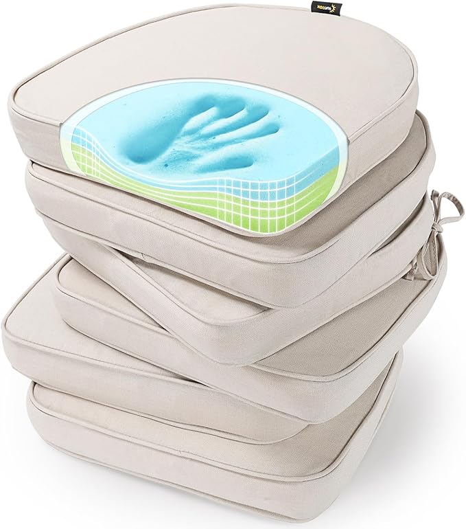 SUNROX Gel Memory Foam Chair Cushions, FadeShield Water-, Stain-Resistant Durable Reversible Seat Cushion Pads with Ties for Indoor/Outdoor Kitchen Dining Office 17"x16" Set of 6, Cream-VerdiqueGarden