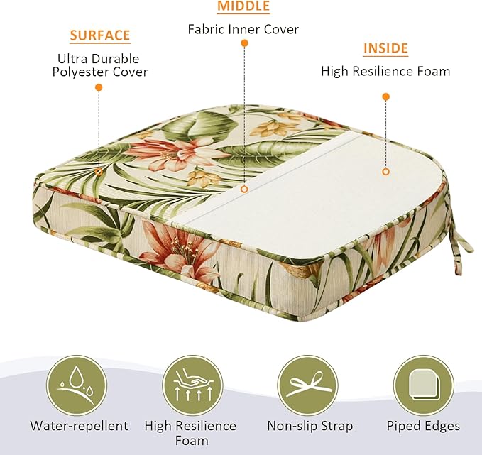 Round Corner Seat Cushions, 17" x 16" x 2", Set of 4, Indoor Outdoor Water Repellent Universal Chair Pads with Ties for Patio Furniture, Garden Deck Dining Chairs, Leaf and Flower-VerdiqueGarden