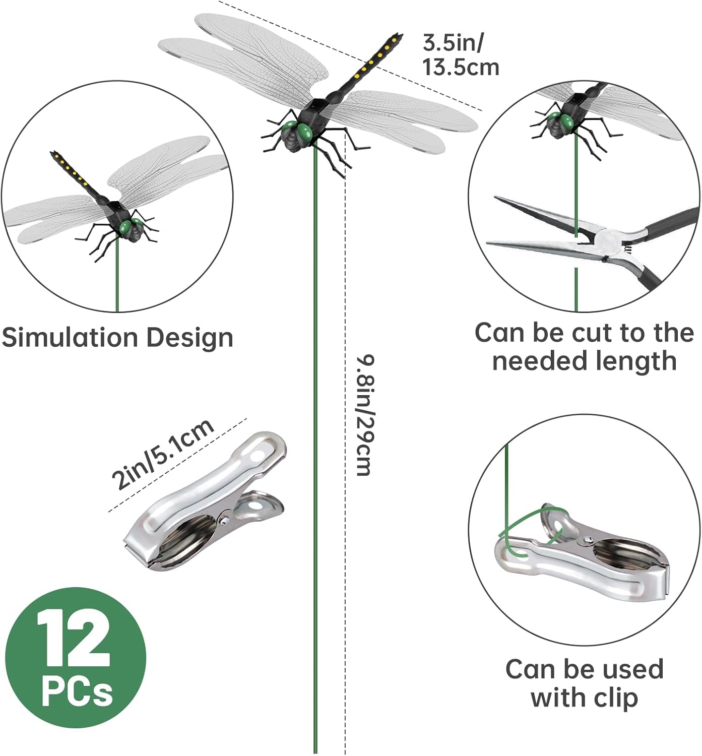 NiHome 12-Pack Large Dragonfly Clip Decoration Set for Garden, Hat, Pet, Indoor & Outdoor Display, Easy Installation Realistic Waterproof PVC Dragonflies (Black)-VerdiqueGarden