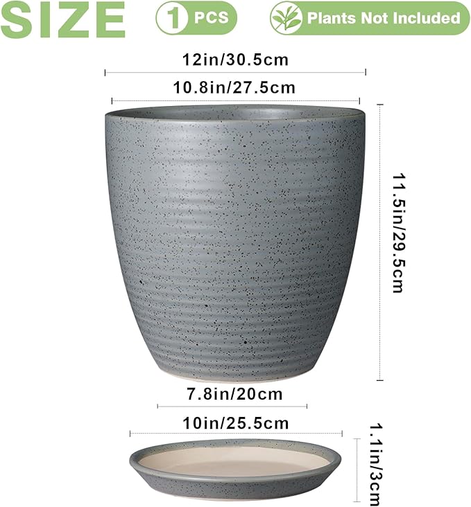 12 Inch Plant Pot, Ceramic Planter Pot with Drainage Hole and Saucer Round Large Flower Pot for Indoor Plants, Light Gray-VerdiqueGarden