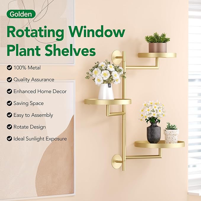 Rotating Window Plant Shelves, 3-Tier Metal Plant Shelf Indoor, Gold Plant Stand, Plant Rack for Wall Planters for Plants Window Sill Gifts for Plant Lovers-VerdiqueGarden