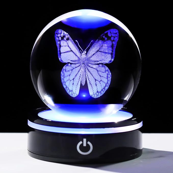 YWHL 3D Crystal Ball Butterfly Figurine with Colorful LED Base, Laser Butterfly Gifts for Women Men on Christmas Birthday, Ornament Glass Sphere Decorative Ball for Home Decor (80mm)-VerdiqueGarden