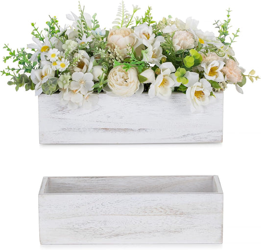 NUPTIO Wooden Box Centerpiece for Table: 2 Pcs 11.8" Long Wood Rectangle Planter Boxes - Farmhouse Washed White Planters for Fall Wedding Dining Living Room Window Mantel Table Decor-VerdiqueGarden