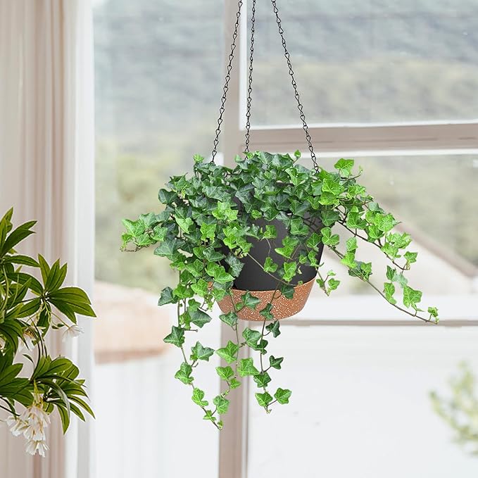 10/9/8 Inch Hanging Planter for Indoor Outdoor Plants, 3 Pack Self-Watering Hanging Pot with Drainage Holes Hanging Planter Baskets Plant Pots with Removable Tray (Black+Brown)-VerdiqueGarden