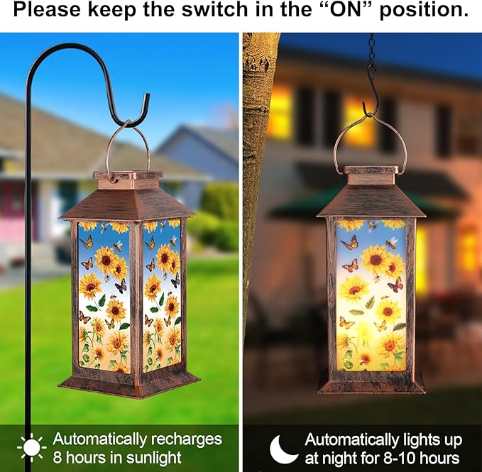 Solar Lantern Outdoor Waterproof Sunflower Butterfly Garden Decor Birthday Gifts for Women Mom and Grandma Solar LED Plastic Decorative Hanging Light for Yard(Sunflower Butterfly)-VerdiqueGarden