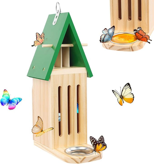 Butterfly House and Feeder for Outside, Wooden Butterfly House for Garden, Natural Butterfly Habitat with Butterfly Puddler on The Floor or Hanging on Tree Wall-VerdiqueGarden