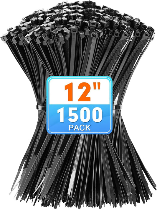 Zip Ties, KAMOTA 1500pcs 12 Inch Heavy Duty Self-Locking Nylon Zip Ties, Black Cable Ties with 50lb Tensile Strength, UV Resistant Cable Tie for Indoor and Outdoor Use-VerdiqueGarden