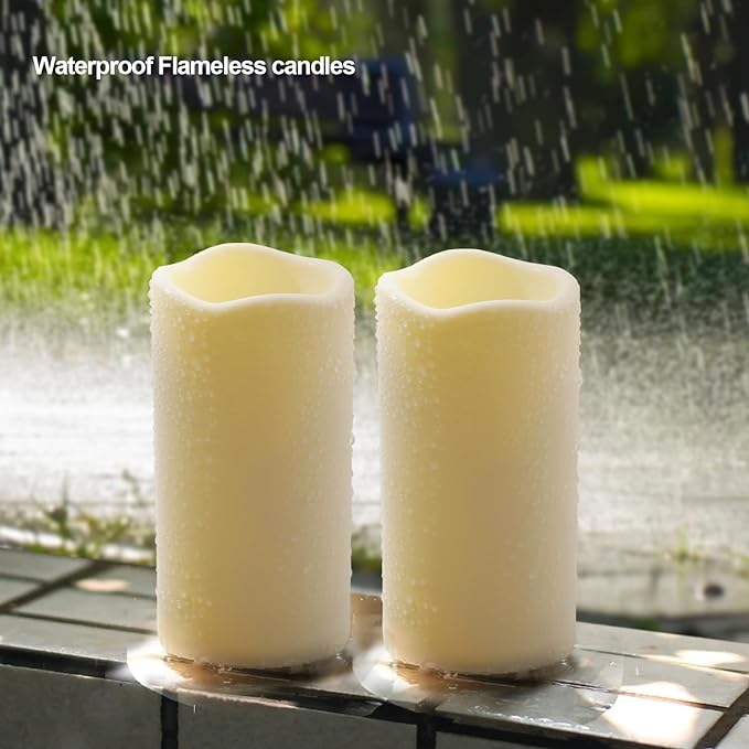 Flickering Flameless LED Candles with 10-Key Remote & Timer, Waterproof Outdoor Indoor f Battery Operated Candles for Home/Wedding/Festival Décor Set of 2 (D3 x H5.5) Ivory-VerdiqueGarden