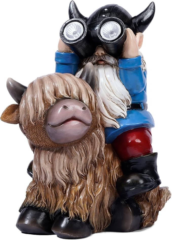 Garden Gnome Statues Resin Gnome Sitting on Highland Cow Solar Lights Outdoor Telescope Gnome Gifts for Yard, Patio Decor Gift(Cow Gnome)-VerdiqueGarden