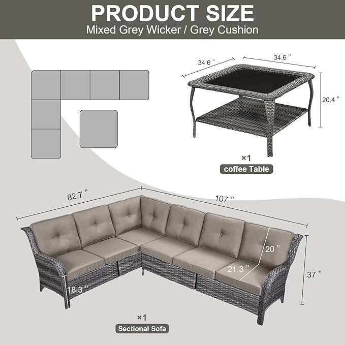 Outdoor Furniture Sectional Sofa L Shaped Couch - Patio Wicker Furniture Set with Coffee Table, 3 Piece Rattan Patio Conversation Sets with Gray Cushion for Deck Backyard Sunroom-VerdiqueGarden