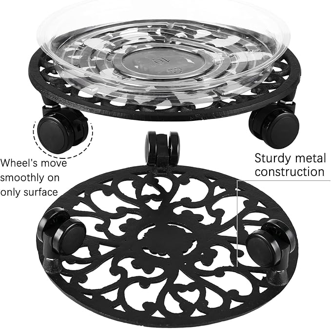 11 Inch Rolling Plant Stand with Wheels Wrought Iron Rolling Plant Stand with Casters Heavy Duty for Indoor Plants Rollers with Plant Saucers, Metal Round Plant Dolly 1 Pack-VerdiqueGarden